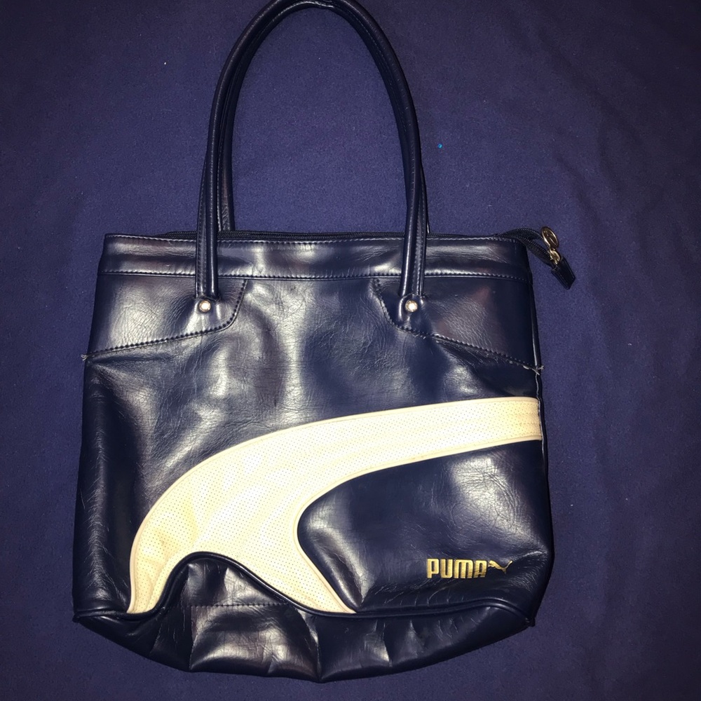 Puma Navy Leather Zipper Tote Bag